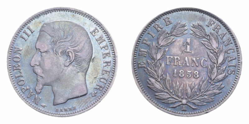 FRANCIA NAPOLEONE III 1 FRANC 1858 A (PARIS) AG. 4,92 GR. BB/BB+