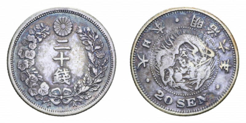 GIAPPONE MUTSUHITO 20 SEN 1873-1905 AG. 5,29 GR. BB