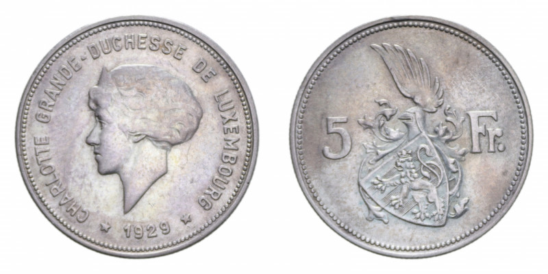 LUSSEMBURGO CHARLOTTE 5 FRANCS 1929 AG. 7,94 GR. BB/BB+