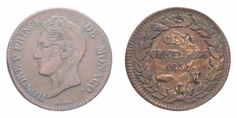 MONACO HONORE V 5 CENTIMES 1837 CU. 8,85 GR. qBB