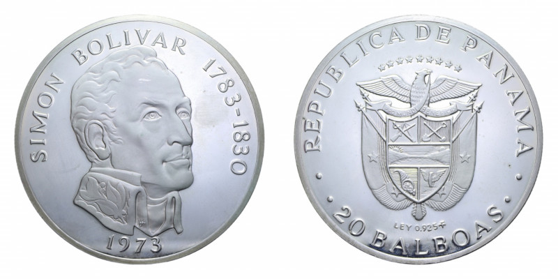 PANAMA 20 BALBOAS 1973 SIMON BOLIVAR AG. 130,44 GR. PROOF (PATINATO)