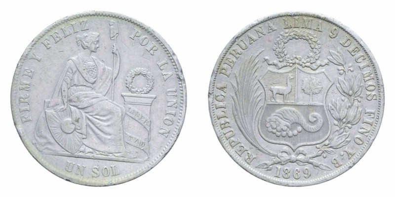 PERU' 1 SOL 1869 AG. 24,63 GR. BB+ (COLPI AL BORDO)