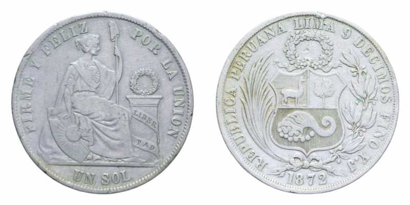 PERU' 1 SOL 1872 AG. 24,57 GR. BB (COLPI AL BORDO)