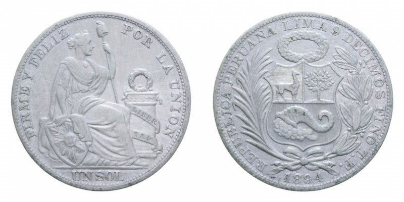 PERU' 1 SOL 1894 AG. 24,75 GR. BB+ (TRACCE DI PULIZIA)