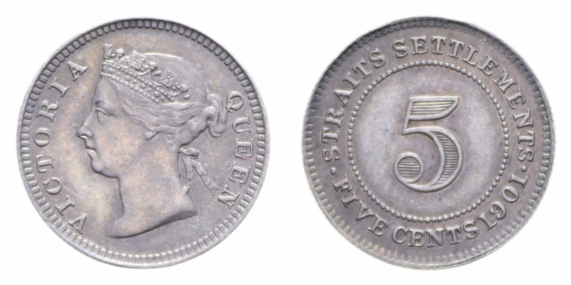 STRAITS SETTLEMENTS 5 CENTS 1901 AG. 1,35 GR. qFDC