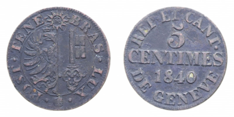SVIZZERA CANTON GINEVRA 5 CENTIMES 1840 CU. 1,99 GR. BB