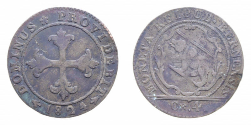 SVIZZERA CANTON BERN 4 KREUZER 1824 MI. 2,77 GR. qBB (TONDELLO DEFORMATO)