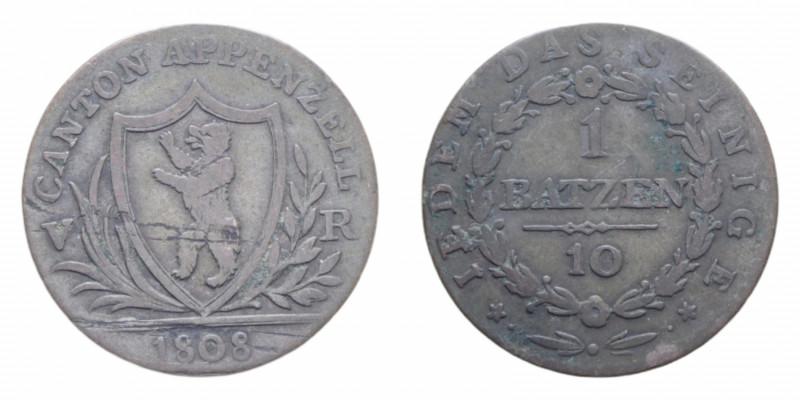 SVIZZERA CANTON APPENZELL 1 BATZEN 1808 MI. 2,57 BB