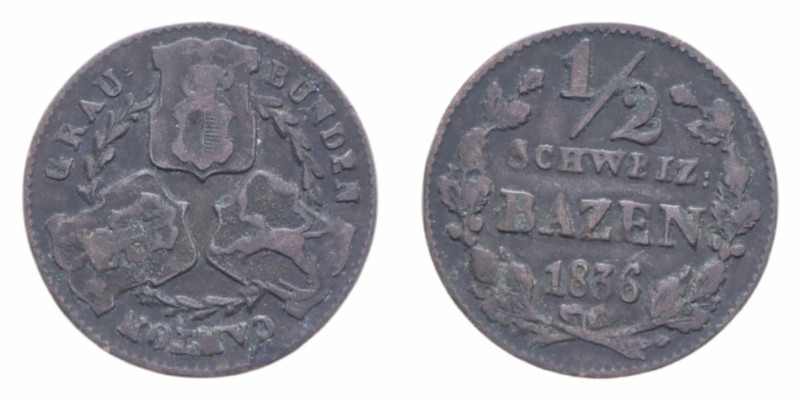 SVIZZERA CANTON GRAU BUNDEN 1/2 SCHWEIZ BAZEN 1836 CU. 1,99 GR. qBB