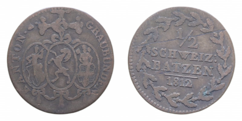 SVIZZERA CANTON GRAUBUNDEN 1/2 BATZEN 1812 MI. 1,89 GR. qBB