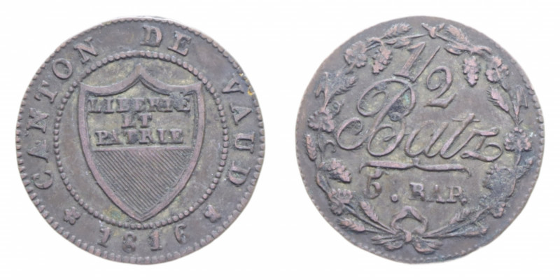 SVIZZERA CANTON VAUD 1/2 BATZEN O 5 RAPPEN 1816 MI. 1,83 GR. BB
