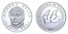 VENEZUELA 100 BOLIVARES 1981 ANDRES BELLO AG. 27 GR. PROOF