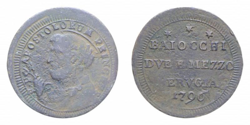 PERUGIA PIO VI (1775-1779) 2 1/2 BAIOCCHI 1796 SAMPIETRINO CU. 14,72 GR. qBB/BB