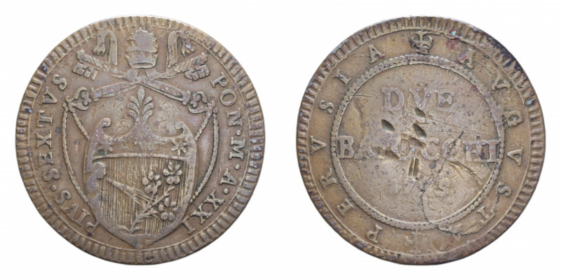 PERUGIA PIO VI (1775-1779) 2 BAIOCCHI 1795 R CU. 19,38 GR. BB/qBB