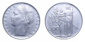 100 LIRE 1981 MINERVA FRATTURA DI CONIO SULLA R AC. 8,08 GR. BB+