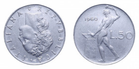 50 LIRE 1960 VULCANO ASSE RUOTATO 180° NC AC. 6,30 GR. BB+