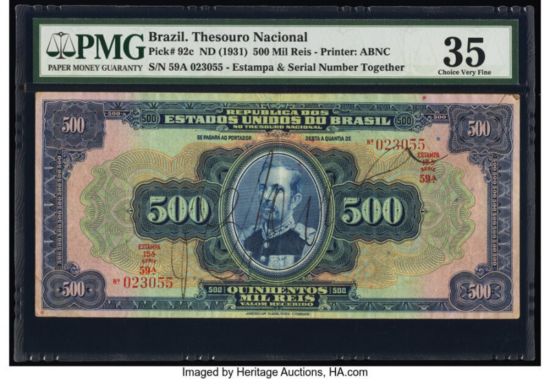 Brazil Thesouro Nacional 500 Mil Reis ND (1931) Pick 92c PMG Choice Very Fine 35...