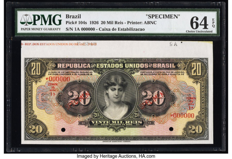 Brazil Caixa de Estabilizacao 20 Mil Reis 18.12.1926 Pick 104s Specimen PMG Choi...