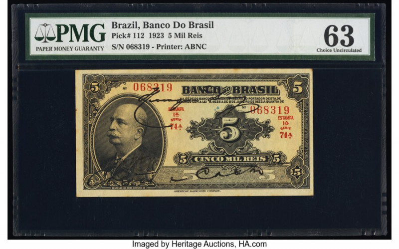 Brazil Banco do Brasil 5 Mil Reis 8.1.1923 Pick 112 PMG Choice Uncirculated 63. ...