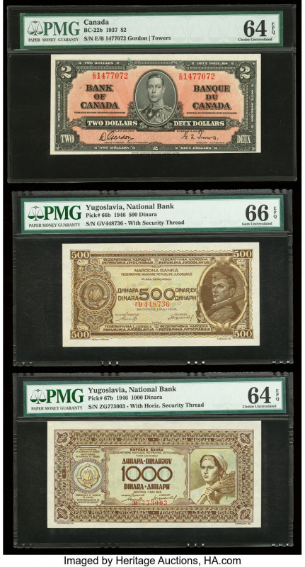 Canada Bank of Canada $2 2.1.1937 BC-22b PMG Choice Uncirculated 64 EPQ; Yugosla...