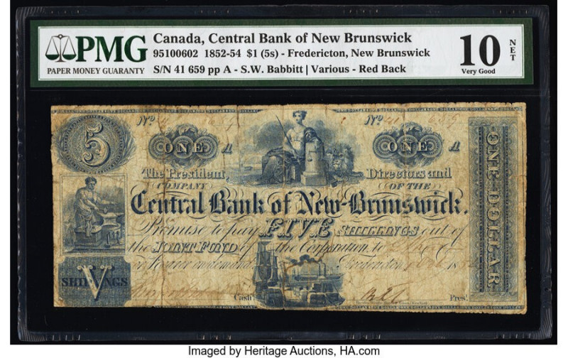 Canada Fredericton, NB- Central Bank of New Brunswick $1 (5 Shillings) 1.10.1854...