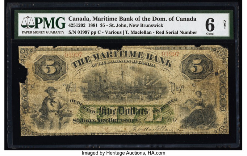Canada St. John, NB- Maritime Bank of the Dominion of Canada $5 3.10.1881 Ch.# 4...