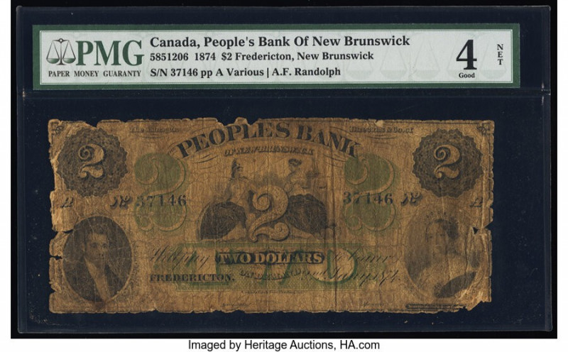 Canada Fredericton, NB- Peoples Bank of New Brunswick $2 2.1.1874 Ch.# 585-12-06...