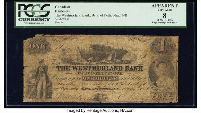 Canada Bend of Petticodiac, NB- Westmorland Bank of New Brunswick $1 1.5.1856 Ch...