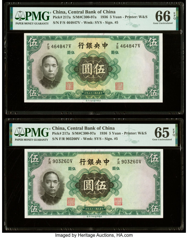 China Central Bank of China 5 Yuan 1936 Pick 217a S/M#C300-97a Two Examples PMG ...