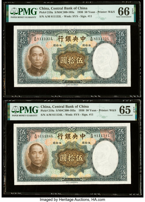 China Central Bank of China 50 Yuan 1936 Pick 219a S/M#C300-103a Two Consecutive...