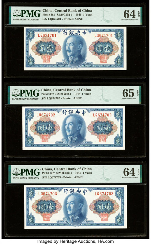 China Central Bank of China 1 Yuan 1945 Pick 387 S/M#C302-1 Five Consecutive Exa...