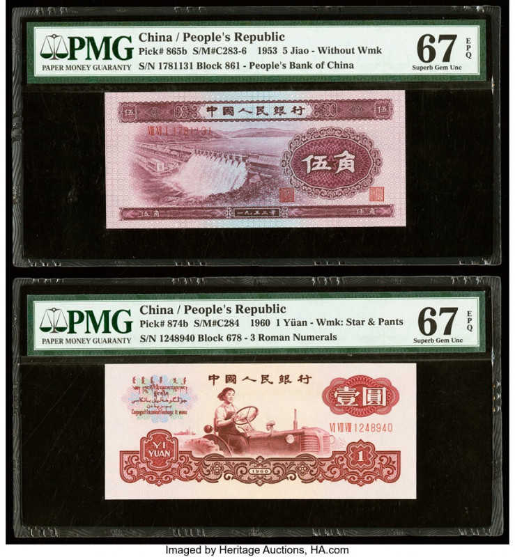China People's Bank of China 5 Jiao; 1 Yuan 1953; 1960 Pick 865b; 874b Two Examp...