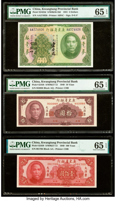 China Kwangtung Provincial Bank 5 Dollars; 10; 100 Yuan 1931; 1949 (2) Pick S242...