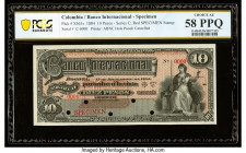 Colombia Banco Internacional 10 Pesos 15.12.1884 Pick S563s Specimen PCGS Banknote Choice AU 58 PPQ. Red Specimen overprints and five POCs are present...