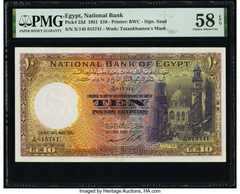 Egypt National Bank of Egypt 10 Pounds 16.5.1951 Pick 23d PMG Choice About Unc 5...
