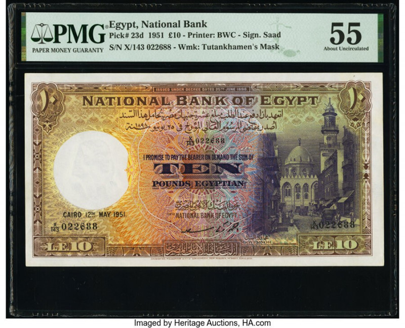 Egypt National Bank of Egypt 10 Pounds 12.5.1951 Pick 23d PMG About Uncirculated...