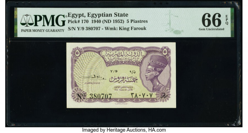 Egypt Egyptian State 5 Piastres 1940 (ND 1952) Pick 170 PMG Gem Uncirculated 66 ...
