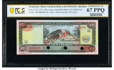 El Salvador Banco Central de Reserva de El Salvador 100 Colones 15.10.1974 Pick 122s Specimen PCGS Banknote Superb Gem UNC 67 PPQ. Red Specimen & TDLR...