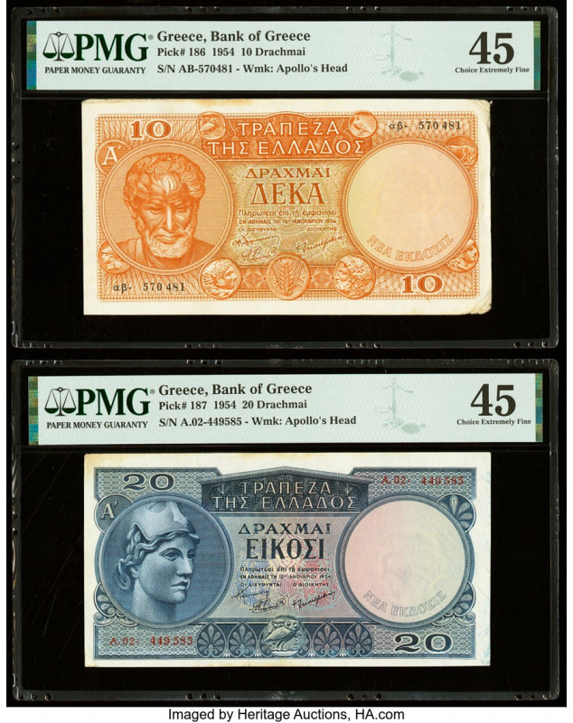 Greece Bank of Greece 10; 20 Drachmai 1954 Pick 186; 187 Two Examples PMG Choice...