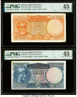 Greece Bank of Greece 10; 20 Drachmai 1954 Pick 186; 187 Two Examples PMG Choice Extremely Fine 45 (2). Minor Stains are present on both examples. 

H...