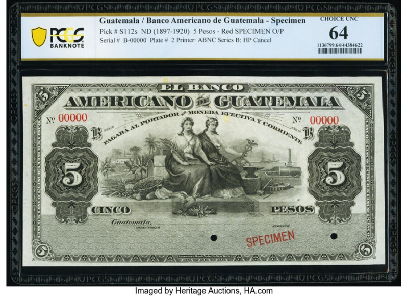 Guatemala Banco Americano de Guatemala 5 Pesos ND (1897-1920) Pick S112s Specime...