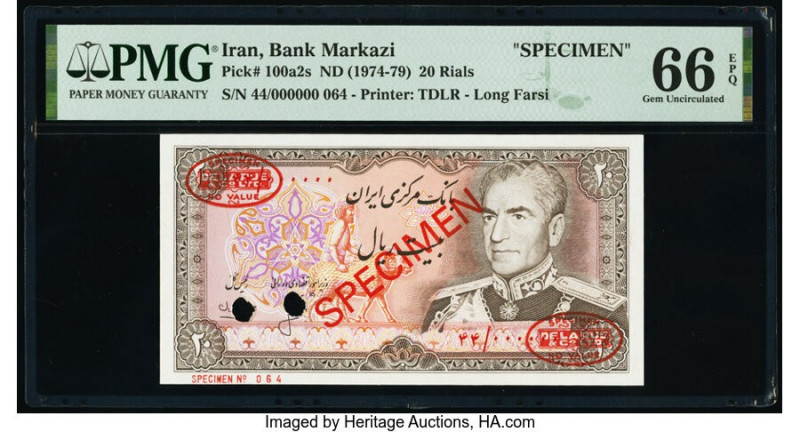 Iran Bank Markazi 20 Rials ND (1974-79) Pick 100a2s Specimen PMG Gem Uncirculate...