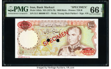 Iran Bank Markazi 1000 Rials ND (1974-79) Pick 105ds Specimen PMG Gem Uncirculated 66 EPQ. Red Specimen & TDLR overprints and two POCs present on this...