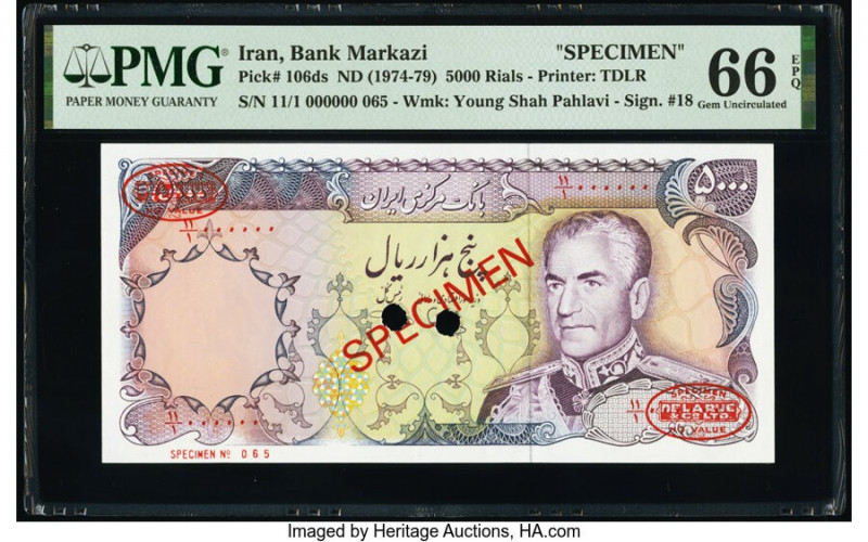 Iran Bank Markazi 5000 Rials ND (1974-79) Pick 106ds Specimen PMG Gem Uncirculat...