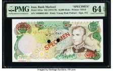 Iran Bank Markazi 10,000 Rials ND (1974-79) Pick 107as Specimen PMG Choice Uncirculated 64 EPQ. Red Specimen & TDLR overprints and two POCs present on...