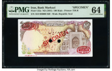 Iran Bank Markazi 100 Rials ND (1981) Pick 132s Specimen PMG Choice Uncirculated 64. Red Specimen & TDLR overprints and two POCs present on this examp...