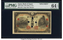 Japan Bank of Japan 5 Yen ND (1944) Pick 55s2 Specimen PMG Choice Uncirculated 64 EPQ. Red overprints and four POCs are present on this example. 

HID...