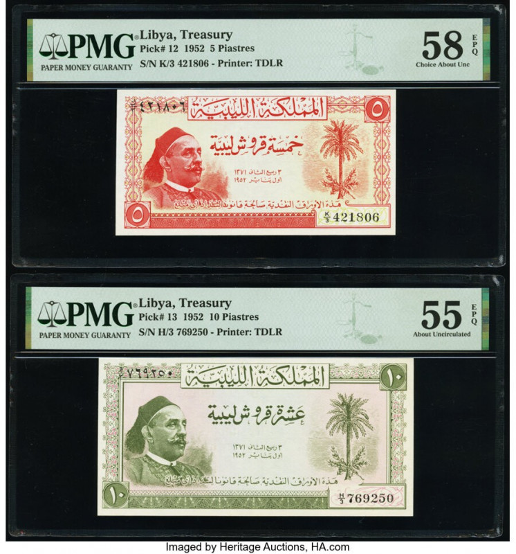 Libya Treasury 5; 10 Piastres 1.1.1952 Pick 12; 13 Two Examples PMG About Uncirc...