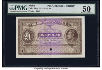 Malta Government of Malta 1 Pound ND (1939) Pick 14pp Progressive Proof PMG About Uncirculated 50. Perforated Specimen punch and one POC present on th...