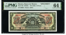 Mexico Banco de Mexico 10 Pesos ND (1936) Pick 30s Specimen PMG Choice Uncirculated 64. Red Specimen overprints and two POCs are present on this examp...